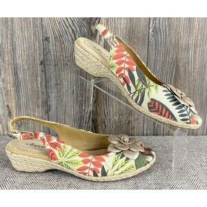 Softspots Pillowtop Technology Sandals 9.5‎ Beige/Leaf Print Open Toe Sling Back